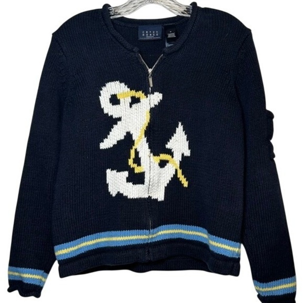 Crazy Horse Nautical Anchor Knit Zip Up Navy Blue Chunky Sweater MD